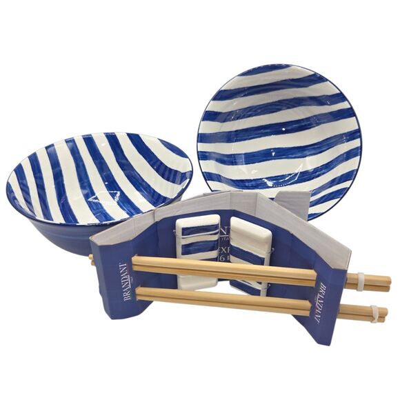 Brandani Italy Sushi Experience 8pc Porcelain Ramen Noodle Bowl Set Blue Striped - Picture 2 of 13